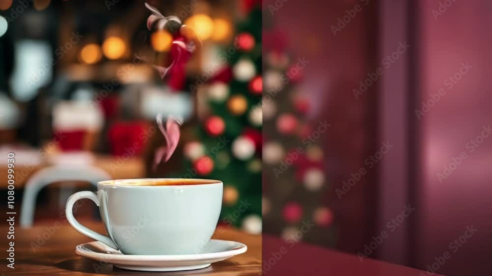 Cup of coffee with steam, Christmas blurred cafe background, copy space. Cup of coffee with steam, Christmas blurred cafe background, copy space.