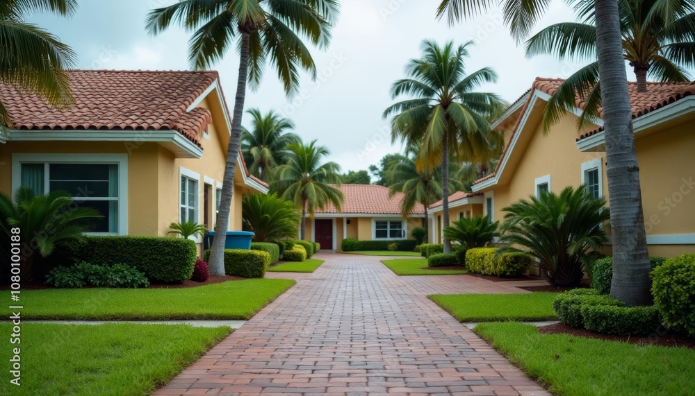 Obraz premium Tranquil tropical neighborhood with palm trees and brick walkway