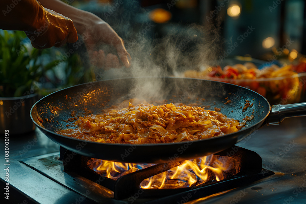 Chef cooking pad thai in large pan street kitchen culinary art vibrant environment close-up thai cuisine delight Chef cooking pad thai in large pan street kitchen culinary art vibrant environment close-up thai cuisine delight