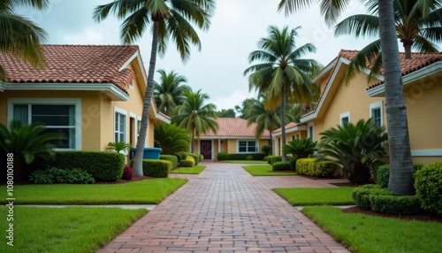  Tranquil tropical neighborhood with palm trees and brick walkway