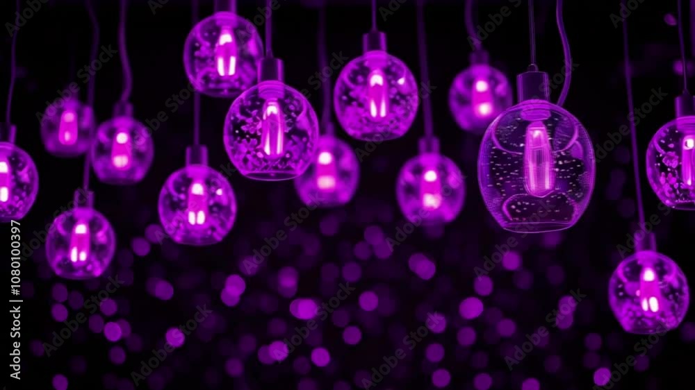 festive purple garland of lamps, bulb glowing  bokeh lights on dark background, holiday and christmas themes in events	