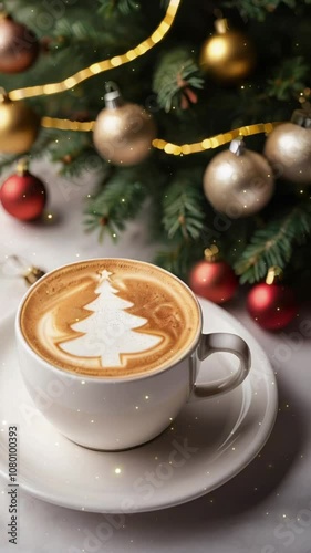 A cup of coffee with latte art of christmas tree, holiday food, festive blurred background.	