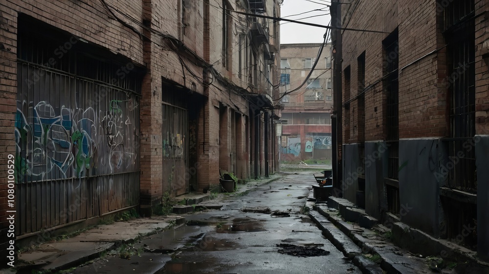 A narrow, graffiti-covered alleyway between brick buildings in a city. The alley is wet and gloomy. A narrow, graffiti-covered alleyway between brick buildings in a city. The alley is wet and gloomy.