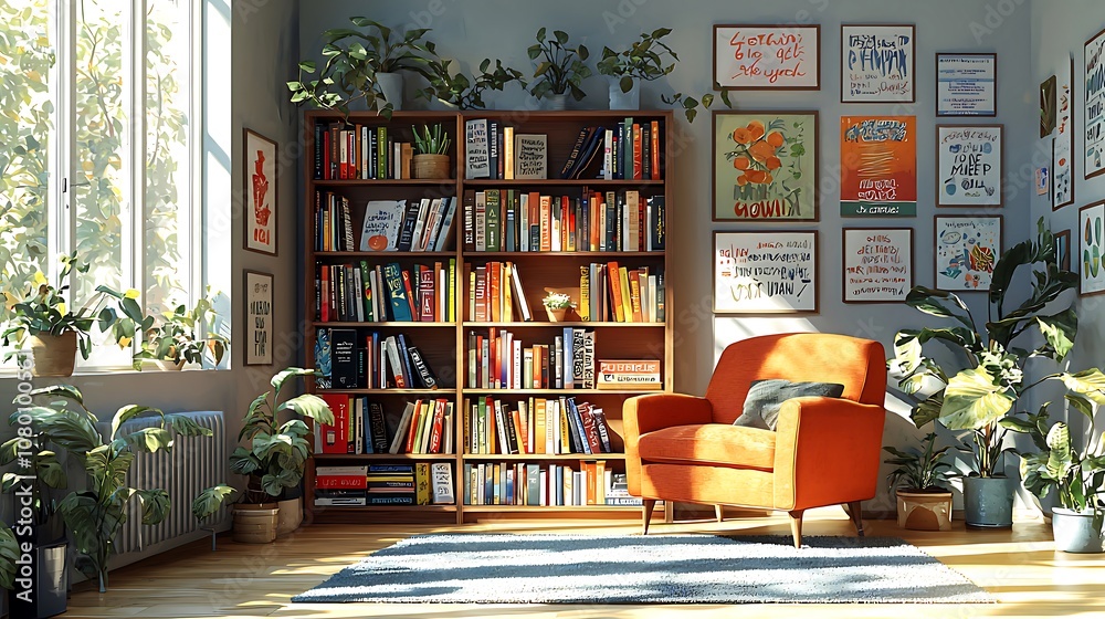 Cozy living room with a bookshelf, armchair, and plants. Cozy living room with a bookshelf, armchair, and plants.