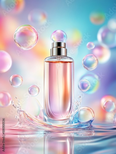 Dreamy Perfume in Sparkling Water: A captivating image of a pink perfume bottle elegantly placed on water, surrounded by iridescent bubbles, creating a dreamy and whimsical atmosphere. 