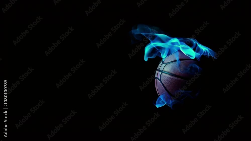 bright glowing basketball ball in blue neon smoke on black background, free space for text.