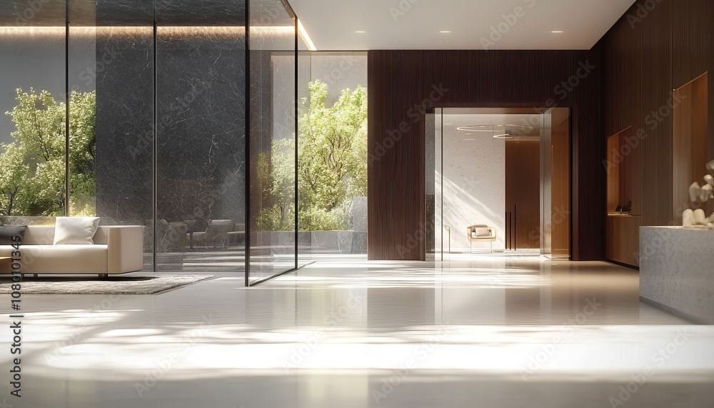 Obraz premium Modern Luxury Hotel Lobby with Glass Walls, Natural Light, and Minimalist Interior Design