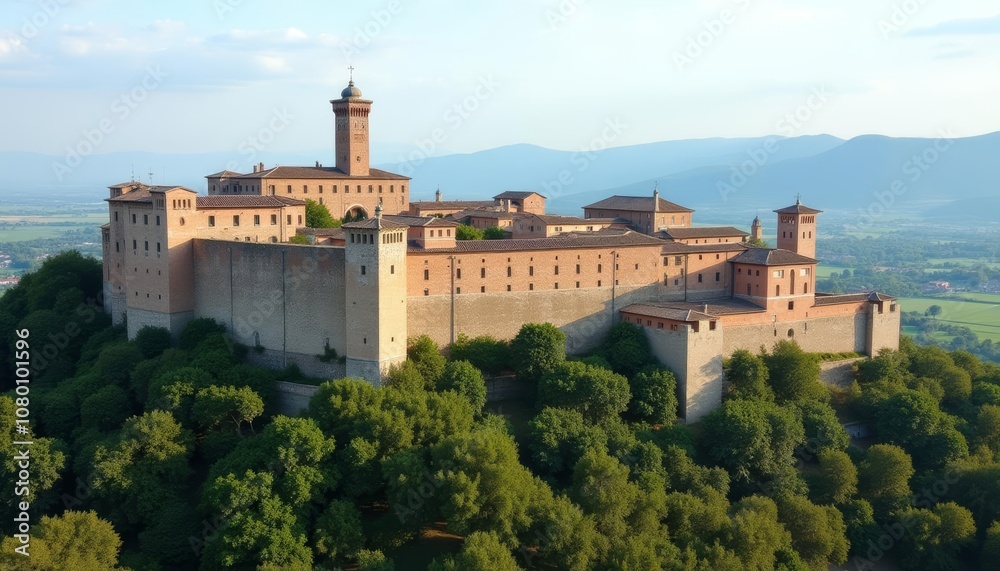 Elegant fortress majestic mountains serene sky Elegant fortress majestic mountains serene sky