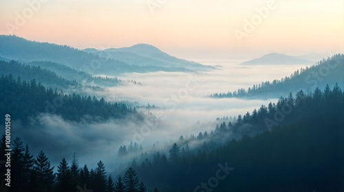 Wallpaper Mural Misty Mountain Valley at Sunrise with Layers of Pine Forests, Ideal for Tranquil Landscape Photography, Nature, and Wilderness Exploration Themes Torontodigital.ca