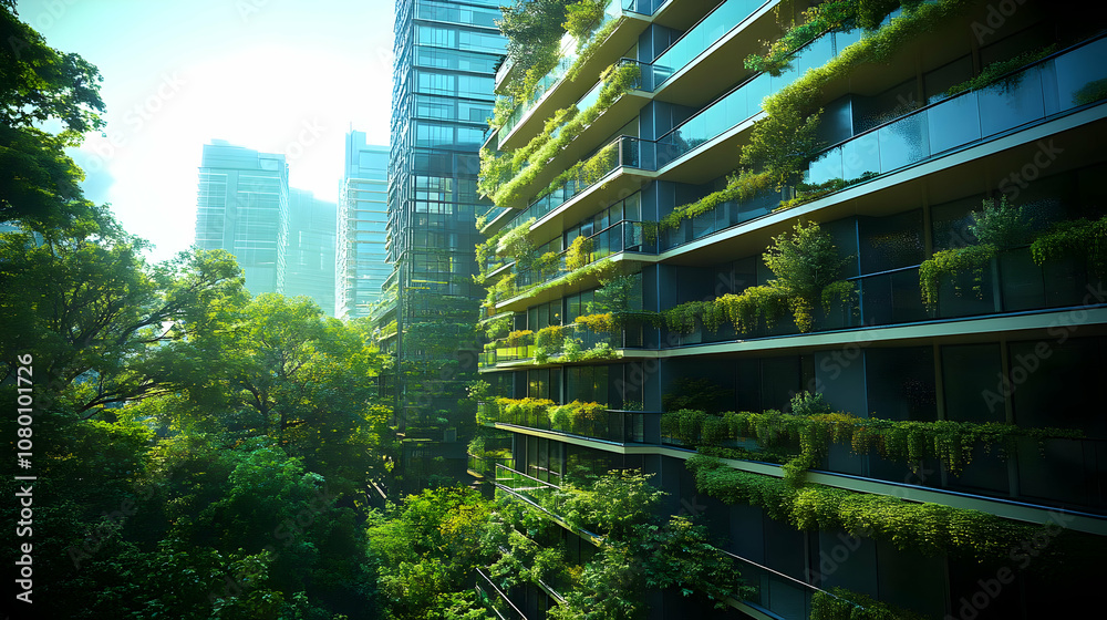 Green Building Architecture with Lush Greenery - Realistic Image Green Building Architecture with Lush Greenery - Realistic Image
