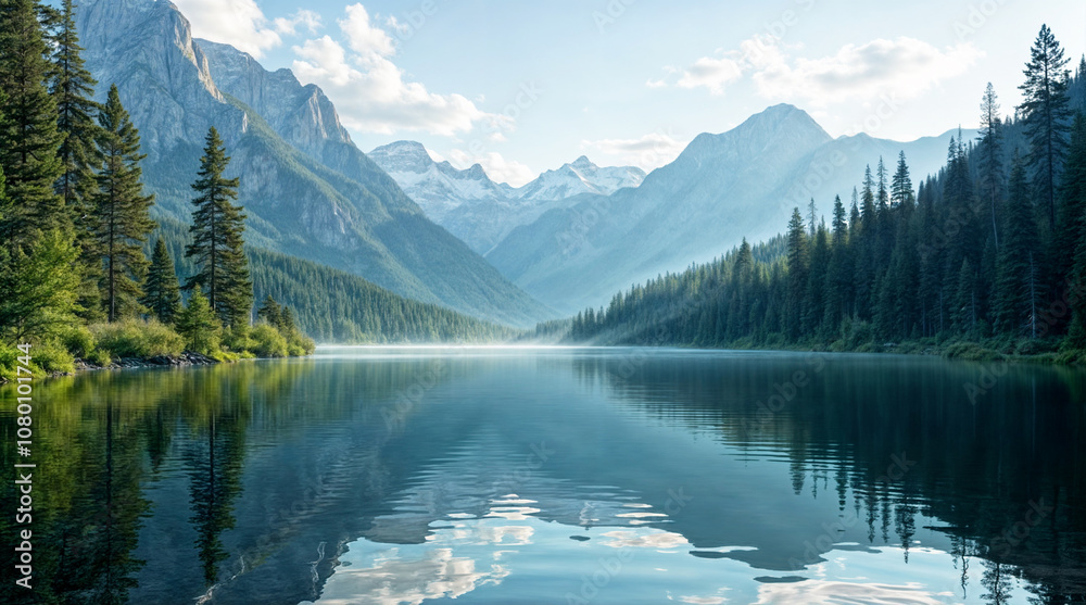 Peaceful Mountain Lake with Pine Forest Reflections and Majestic Peaks, Perfect for Nature Photography, Tranquil Landscapes, and Outdoor Exploration Peaceful Mountain Lake with Pine Forest Reflections and Majestic Peaks, Perfect for Nature Photography, Tranquil Landscapes, and Outdoor Exploration