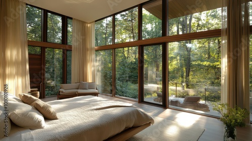 A serene bedroom with large windows overlooking a lush forest  featuring natural light  soft bedding  and a peaceful ambiance.