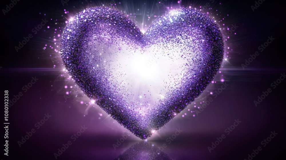A shimmering heart of tiny purple and lavender particles, glowing against a dark royal purple background. A shimmering heart of tiny purple and lavender particles, glowing against a dark royal purple background.