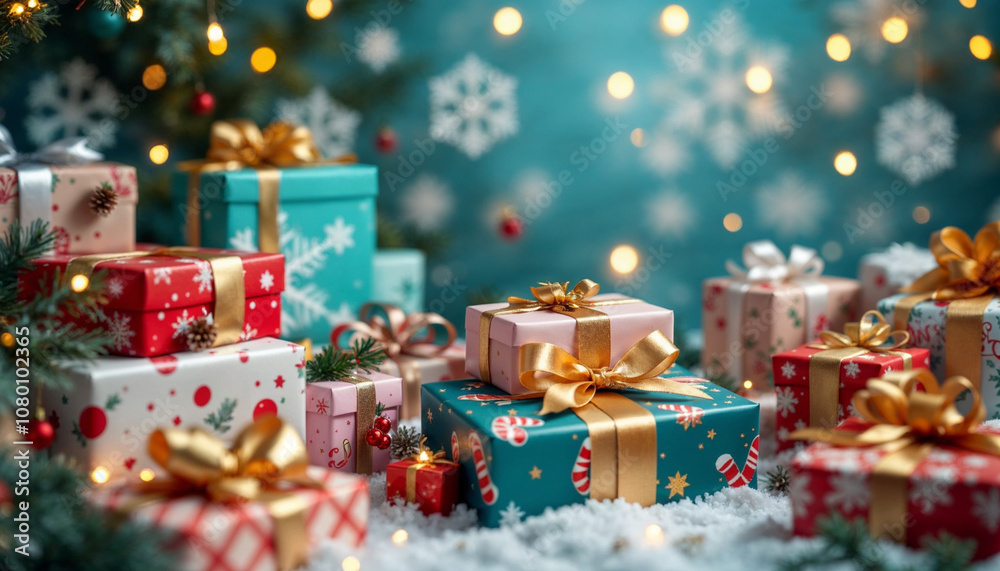 Beautifully wrapped Christmas gifts with festive ribbons and sparkling holiday lights.
Beautifully wrapped Christmas gifts with festive ribbons and sparkling holiday lights.