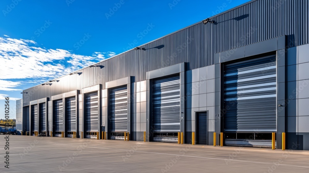 A modern warehouse building exterior with large roller doors, surrounded by a clean parking lot under a bright blue sky A modern warehouse building exterior with large roller doors, surrounded by a clean parking lot under a bright blue sky