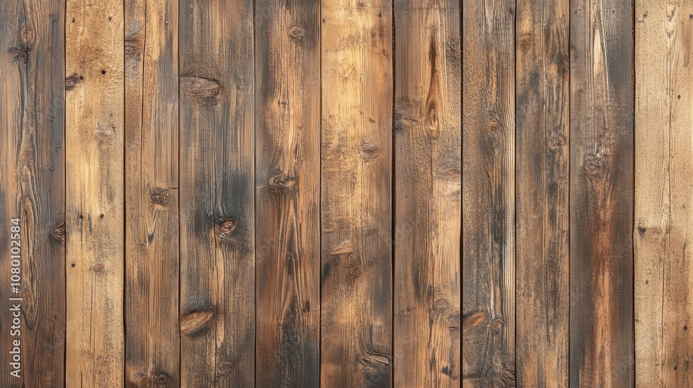 Naklejka premium Wooden wall with deep grain, knots, and weathered surface, realistic details