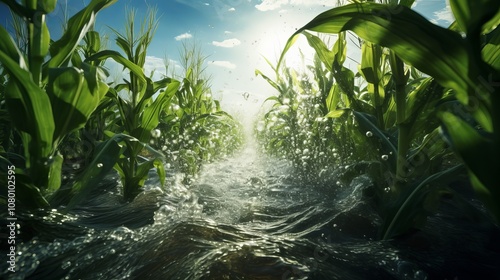 A view through a cornfield, water is flowing in the row. The sun shines down on the green plants.