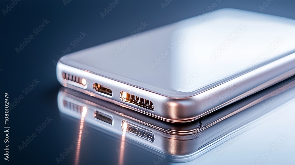 Close-up of a sleek, minimalist portable battery, showing multiple ports with clean, simple lines, matte metallic finish, modern design in soft lighting Close-up of a sleek, minimalist portable battery, showing multiple ports with clean, simple lines, matte metallic finish, modern design in soft lighting