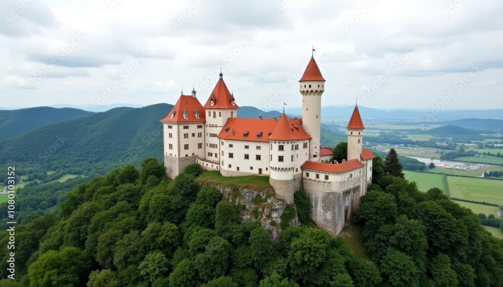 Enchanting castle perched atop a verdant hill overlooking a serene valley Enchanting castle perched atop a verdant hill overlooking a serene valley