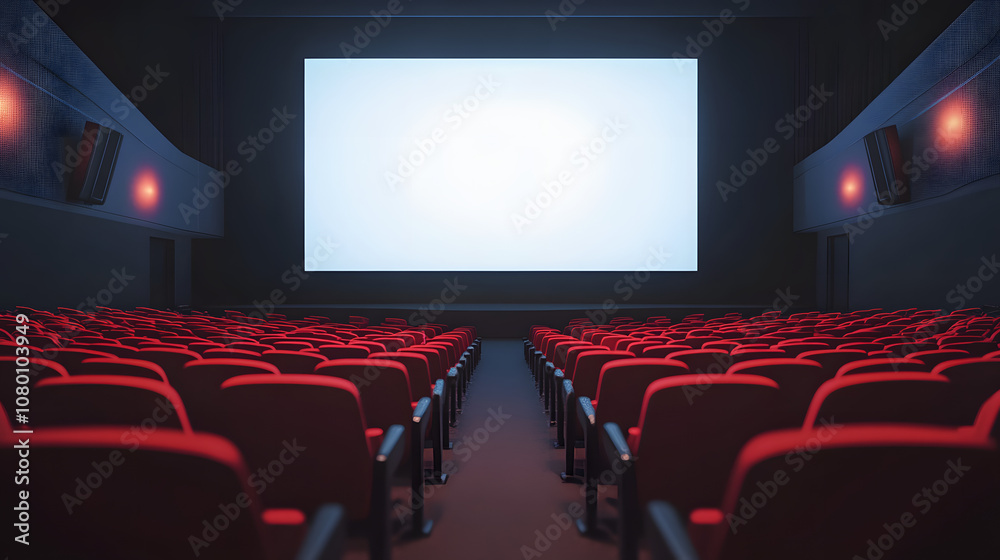 White screen template Empty Movie Theater Interior with Red Seats and Blank Projector Screen, Ideal for Illustrating Film, Cinema, Entertainment, and Viewing Experience Concepts White screen template Empty Movie Theater Interior with Red Seats and Blank Projector Screen, Ideal for Illustrating Film, Cinema, Entertainment, and Viewing Experience Concepts