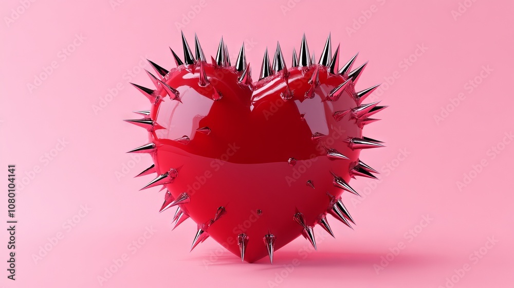 Conceptual illustration of a red heart with spikes on a pink background symbolizing painful love and heartbreak Conceptual illustration of a red heart with spikes on a pink background symbolizing painful love and heartbreak