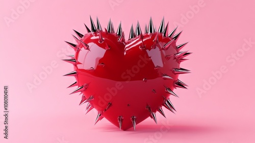 Conceptual illustration of a red heart with spikes on a pink background symbolizing painful love and heartbreak