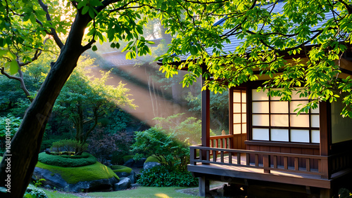 A traditional Japanese teahouse nestled amongst lush greenery, illuminated by the soft glow of morning sunlight.