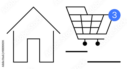 House symbol, shopping cart with notification bubble showing number 3. Ideal for e-commerce, online shopping, home delivery, real estate, notifications, minimalistic designs user interface. Line