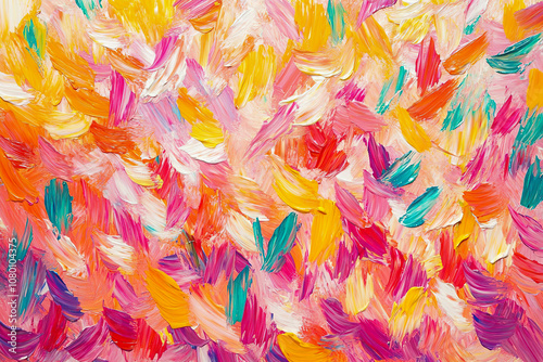 Frequent chaotic strokes of multicolored paints, positive inspiring colors.