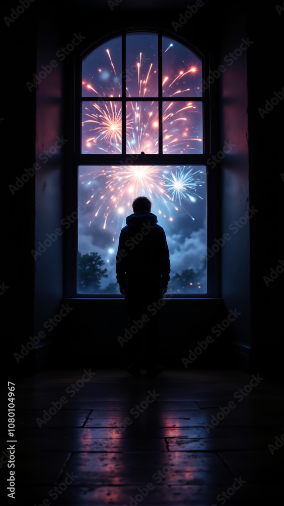 Obraz premium Person Watching Fireworks Through a Window with Reflections Creating an Intimate Mood
