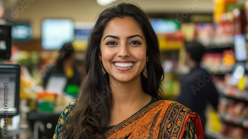 Portrait of an Indian woman wearing a saree in a supermarket