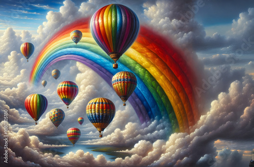 Farbenfrohe Heißluftballons in Regenbogenfarben fliegen am Himmel, copy space photo