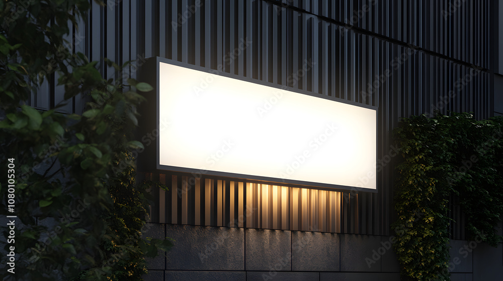 Elegant Blank Signage on Modern Building Wall Surrounded by Greenery with Soft Ambient Lighting Creating a Calm Urban Atmosphere at Dusk
