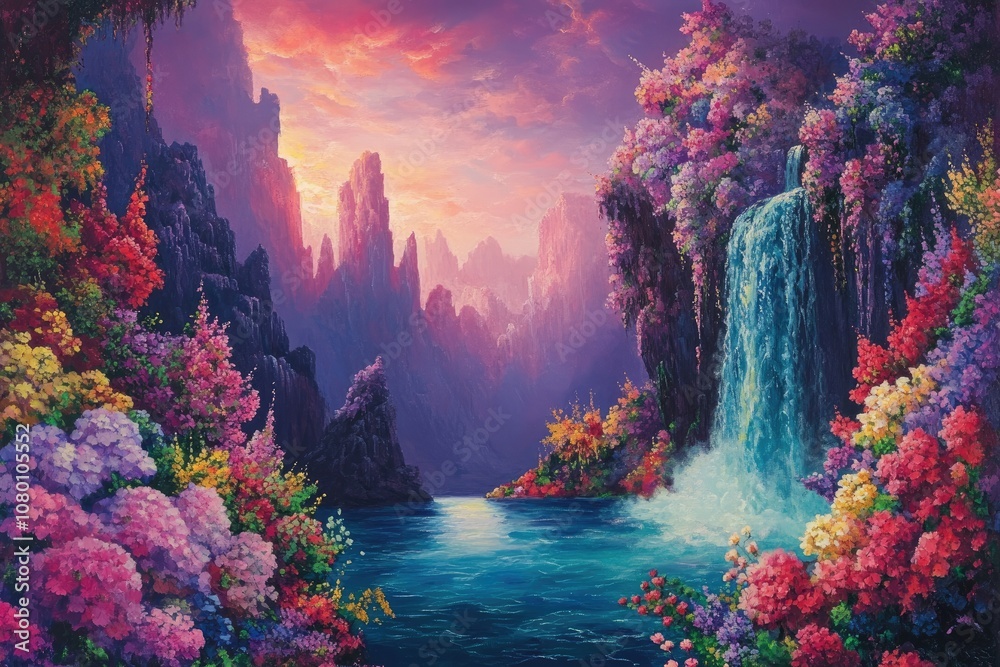 Floating islands covered in multicolored flowers, with a turquoise waterfall cascading into an endless void under a pink and purple sky Floating islands covered in multicolored flowers, with a turquoise waterfall cascading into an endless void under a pink and purple sky