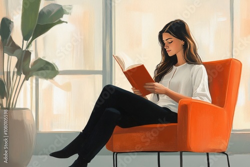 young woman sits orange armchair engrossed reading