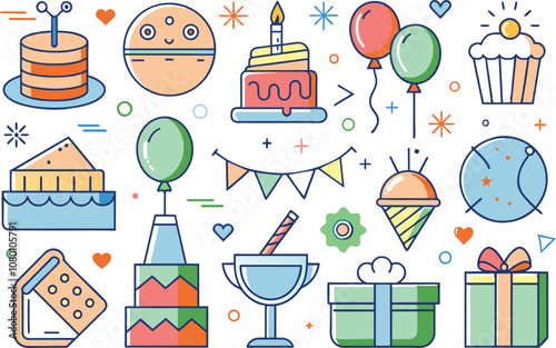 Celebration and birthday icon set. Full Vector illustration Outline Style Icons.