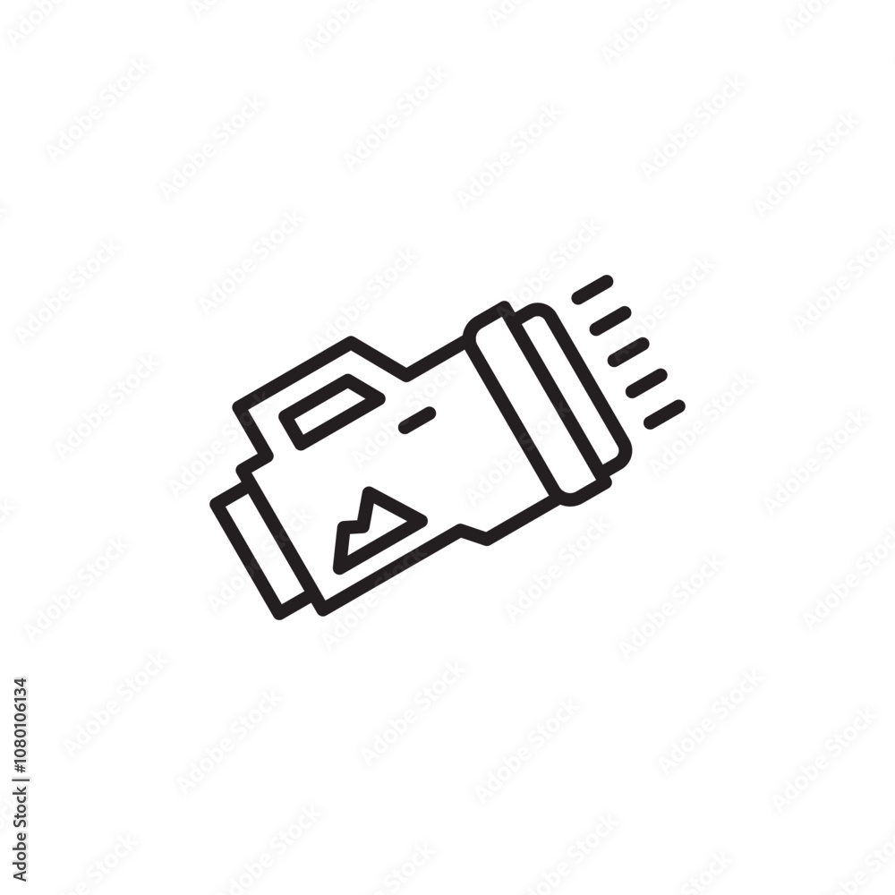 A simple line drawing of big flashlight on icon. A minimalist flashlight icon with a handle, button, and beam of light. Editable icon. A simple line drawing of big flashlight on icon. A minimalist flashlight icon with a handle, button, and beam of light. Editable icon.