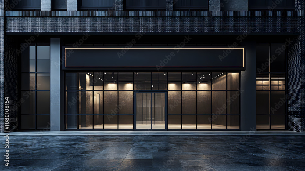 Modern Urban Building Facade at Night with LED Lighting and Minimalist Design, Featuring Large Glass Windows and Dark Exterior for Commercial Use Modern Urban Building Facade at Night with LED Lighting and Minimalist Design, Featuring Large Glass Windows and Dark Exterior for Commercial Use