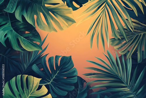 A drawing of palm leaves on an orange background with space for text.