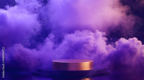 Gold podium with purple and orange clouds in dark background for product display.