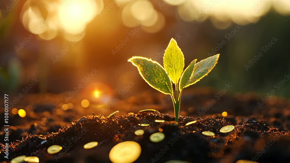 A sprouting plant surrounded by coins, symbolizing growth and prosperity.