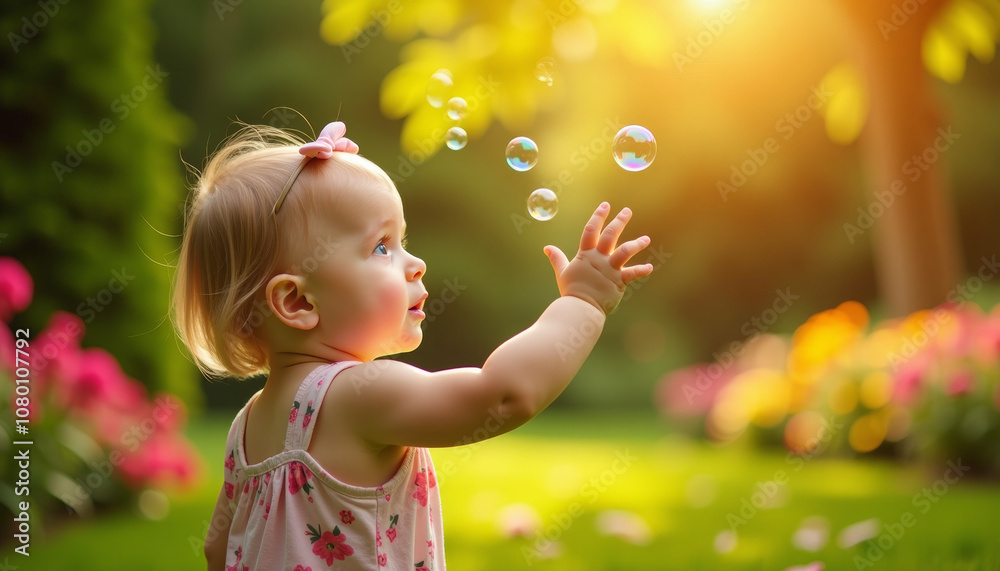 Baby Girl Playing with Bubbles in a Garden Baby Girl Playing with Bubbles in a Garden