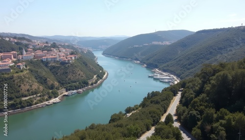  Scenic River Valley with Town and Mountains