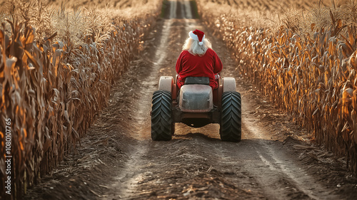 Santa driving a truck down a dirt farm road