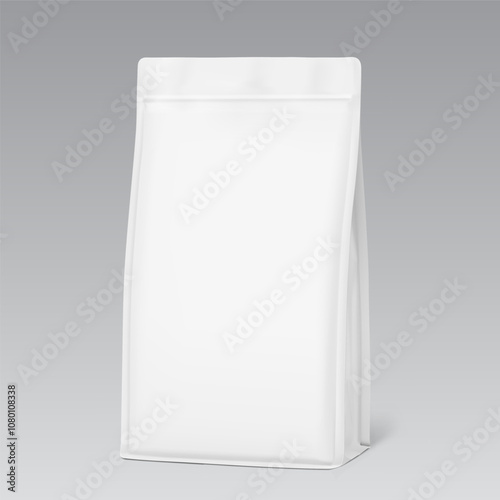 Vertical flat bottom gusset bag mockup for food, sport nutrition. Half side view. Vector illustration isolated on grey background. Can be use for template your design. EPS10.	