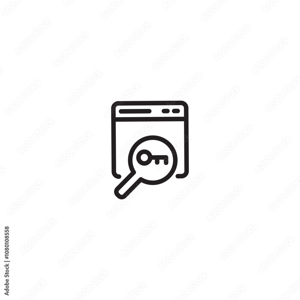 Keyword research on icon. Magnifying glass with a key icon inside, representing security in search results. Editable icon. Keyword research on icon. Magnifying glass with a key icon inside, representing security in search results. Editable icon.