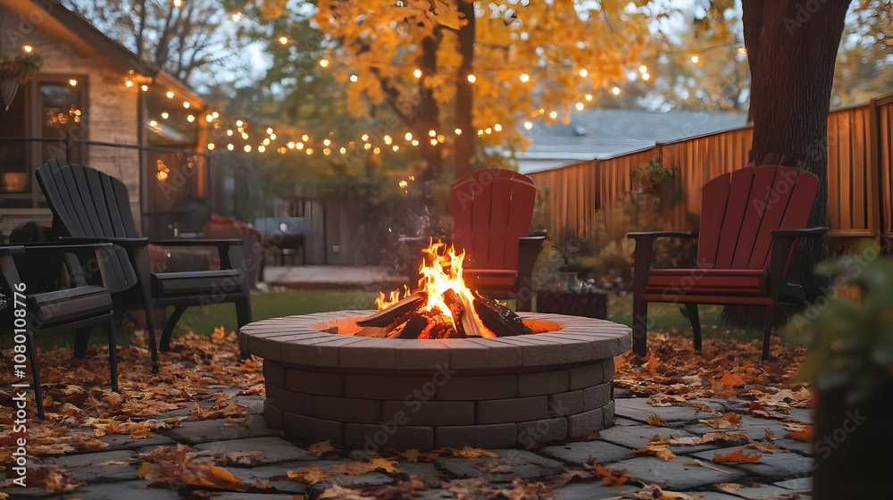 Cozy Fire Pit in a Backyard with Fall Leaves - Photo Cozy Fire Pit in a Backyard with Fall Leaves - Photo