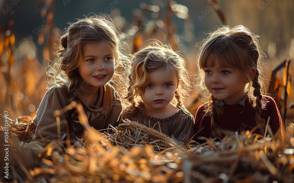 Three children enjoying a sunny autumn afternoon. Three young girls sit among golden autumn leaves, smiling and playing in a serene rural setting during sunset. Three children enjoying a sunny autumn afternoon. Three young girls sit among golden autumn leaves, smiling and playing in a serene rural setting during sunset.