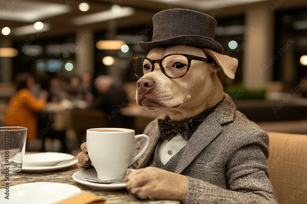 Elegant Dog in Suit and Top Hat Holding Coffee Cup in Dining Area Elegant Dog in Suit and Top Hat Holding Coffee Cup in Dining Area