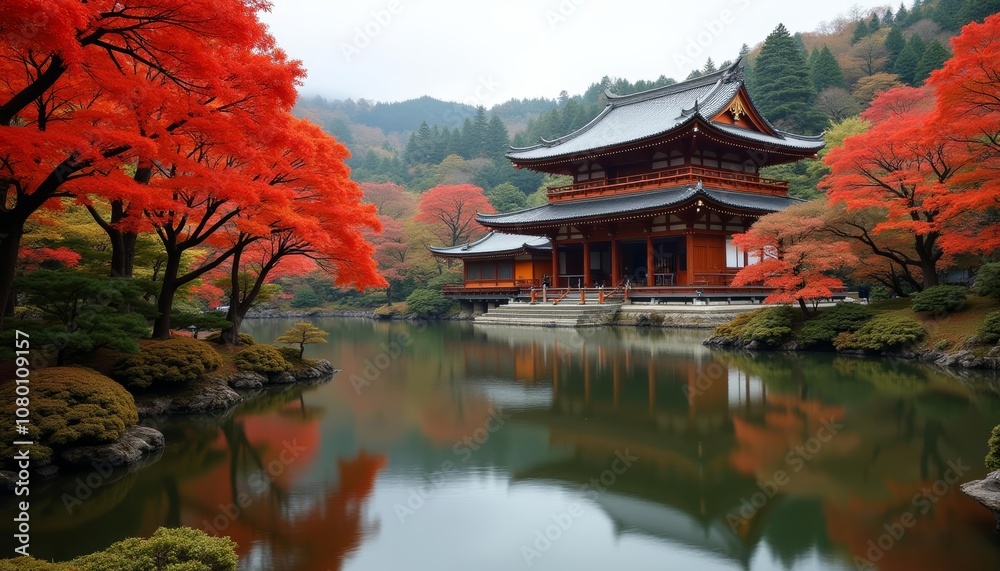 Obraz premium Autumn serenity at a traditional Japanese temple